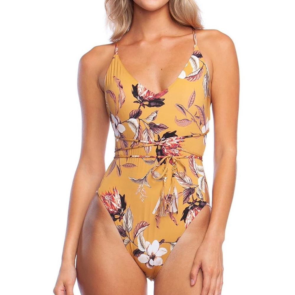 NWT BCBGMAXAZRIA Gold Desert Floral One Piece Swimsuit Size 12 $154